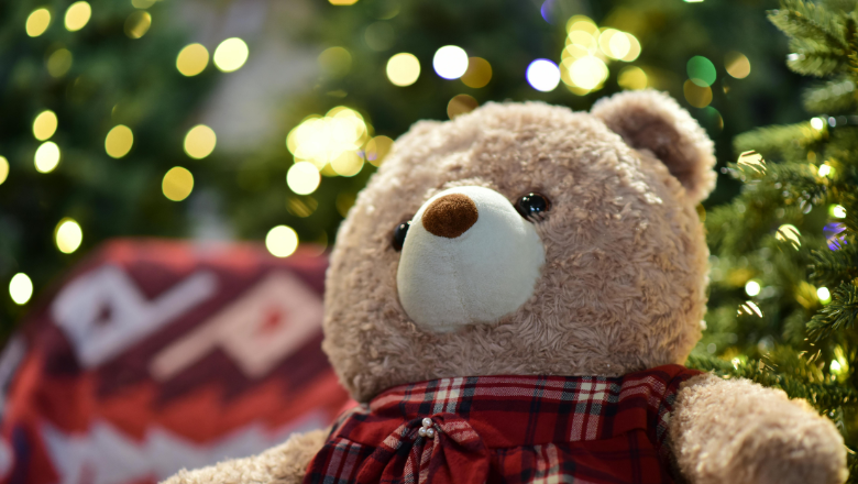 a teddy bear with a tartan scarf round it's neck, sitting under a Christmas tree