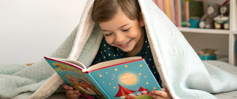 boy enjoying reading a book under the blankets in his bedroom